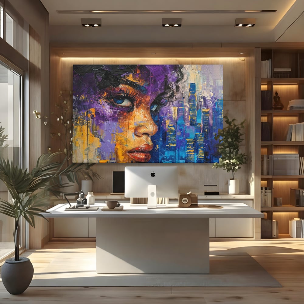 Tablou canvas cu pictura digitala cu profil de femeie, fara rama, pe sasiu de lemn, pe perete intr-un birou